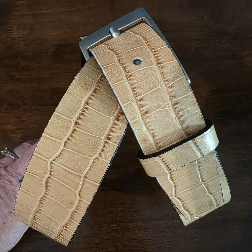 ZARA Mens Croc Print Skins Leather Tan Yellow Belt Size M Silver Buckle